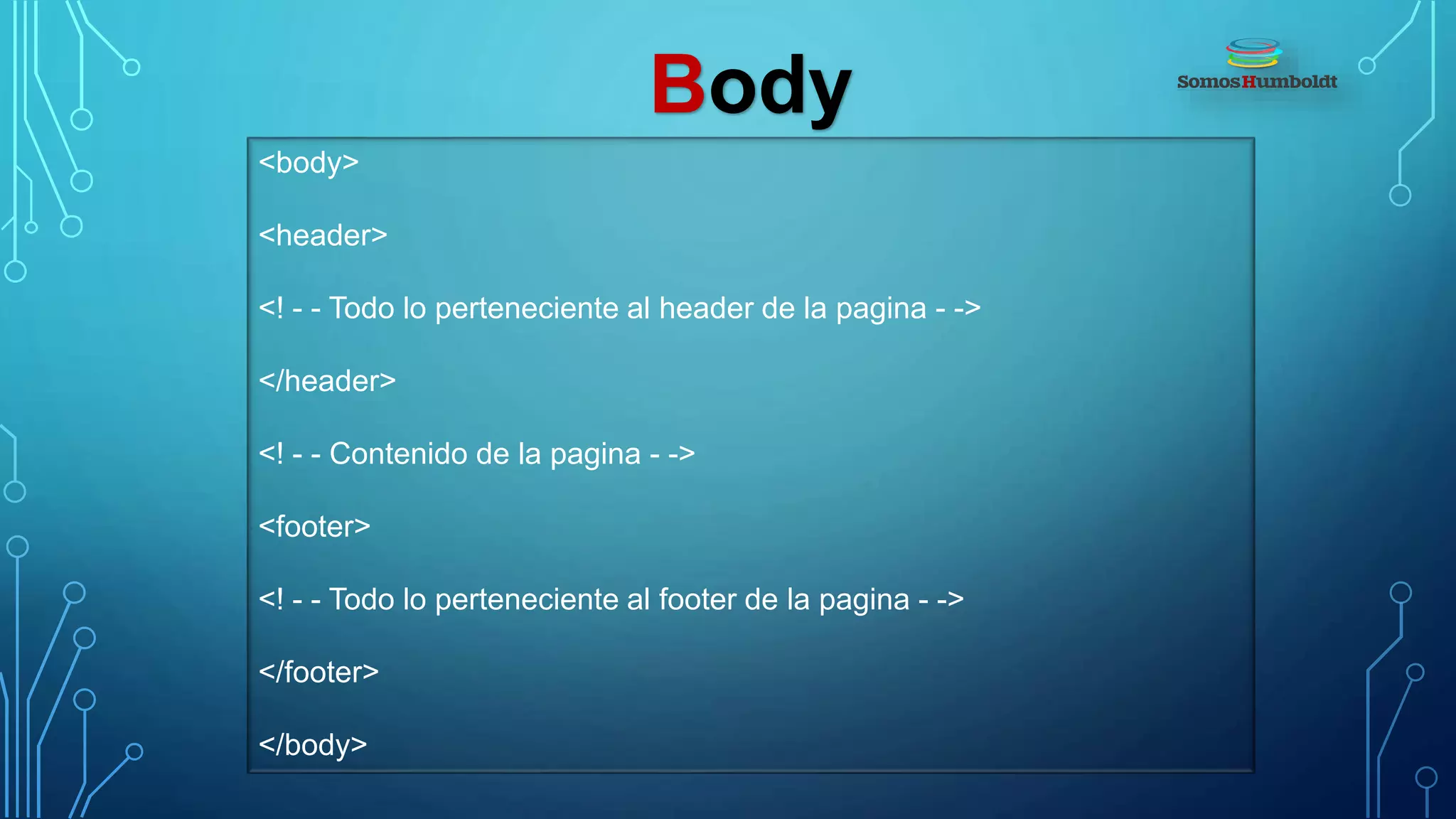 Body
<body>
<header>
<! - - Todo lo perteneciente al header de la pagina - ->
</header>
<! - - Contenido de la pagina - ->
<footer>
<! - - Todo lo perteneciente al footer de la pagina - ->
</footer>
</body>
 