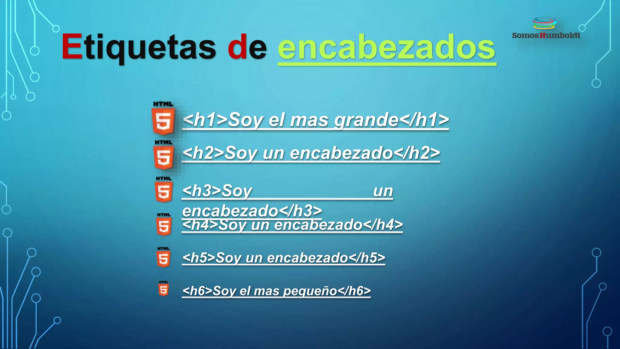 Etiquetas de encabezados
<h1>Soy el mas grande</h1>
<h2>Soy un encabezado</h2>
<h3>Soy un
encabezado</h3>
<h4>Soy un encabezado</h4>
<h6>Soy el mas pequeño</h6>
<h5>Soy un encabezado</h5>
 