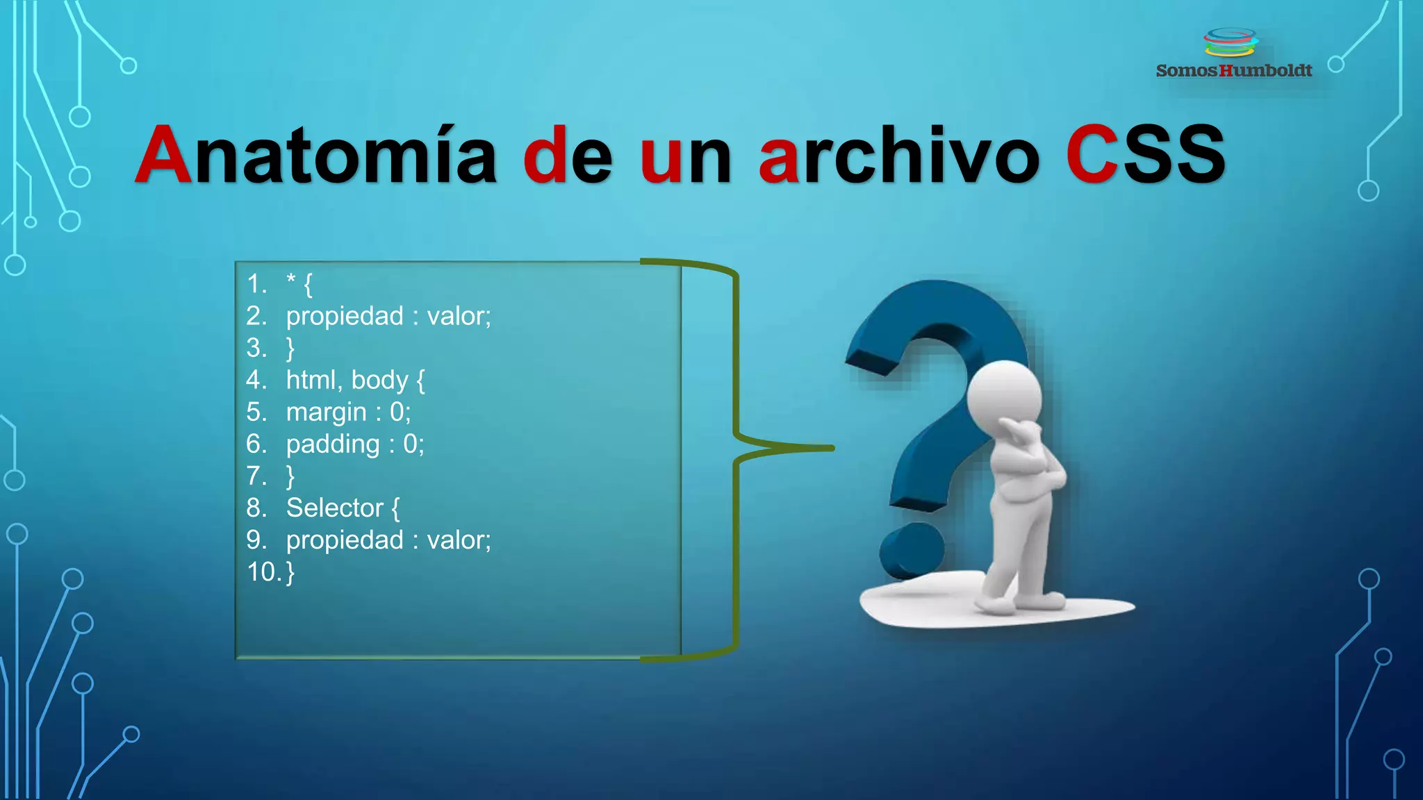 Anatomía de un archivo CSS
1. * {
2. propiedad : valor;
3. }
4. html, body {
5. margin : 0;
6. padding : 0;
7. }
8. Selector {
9. propiedad : valor;
10.}
 