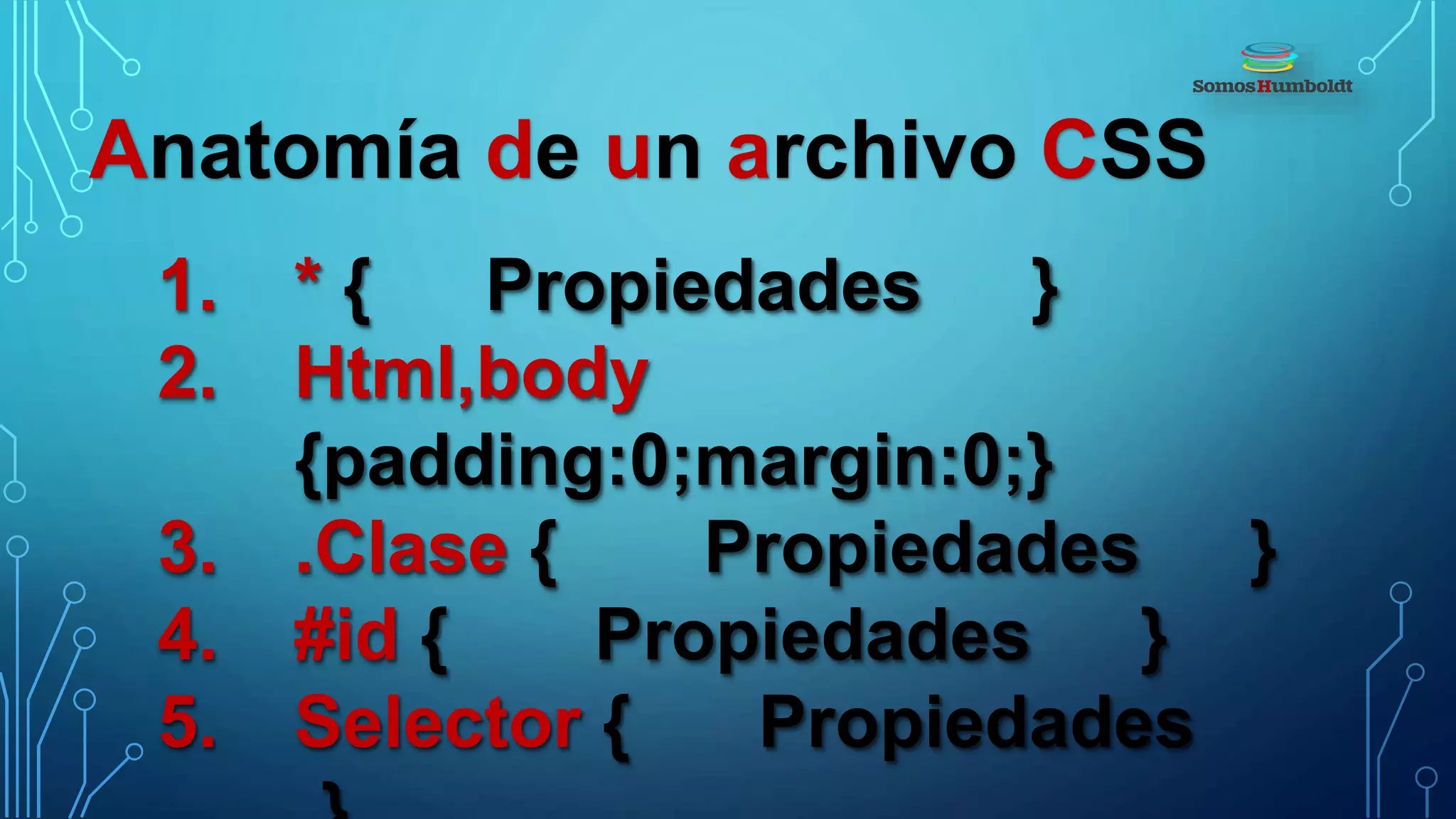 1. * { Propiedades }
2. Html,body
{padding:0;margin:0;}
3. .Clase { Propiedades }
4. #id { Propiedades }
5. Selector { Propiedades
Anatomía de un archivo CSS
 