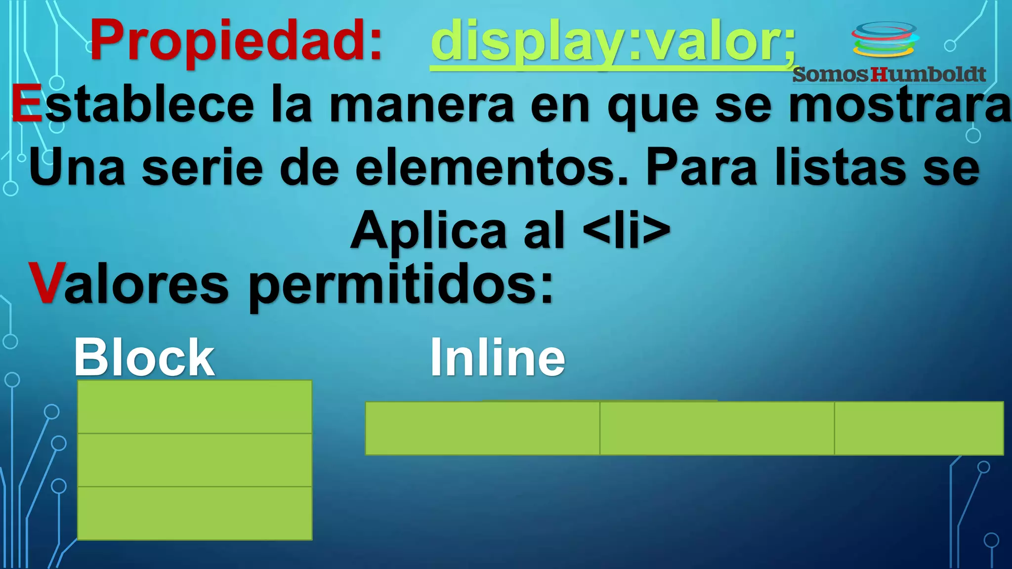 Propiedad: display:valor;
Establece la manera en que se mostrara
Una serie de elementos. Para listas se
Aplica al <li>
Valores permitidos:
Block Inline
 