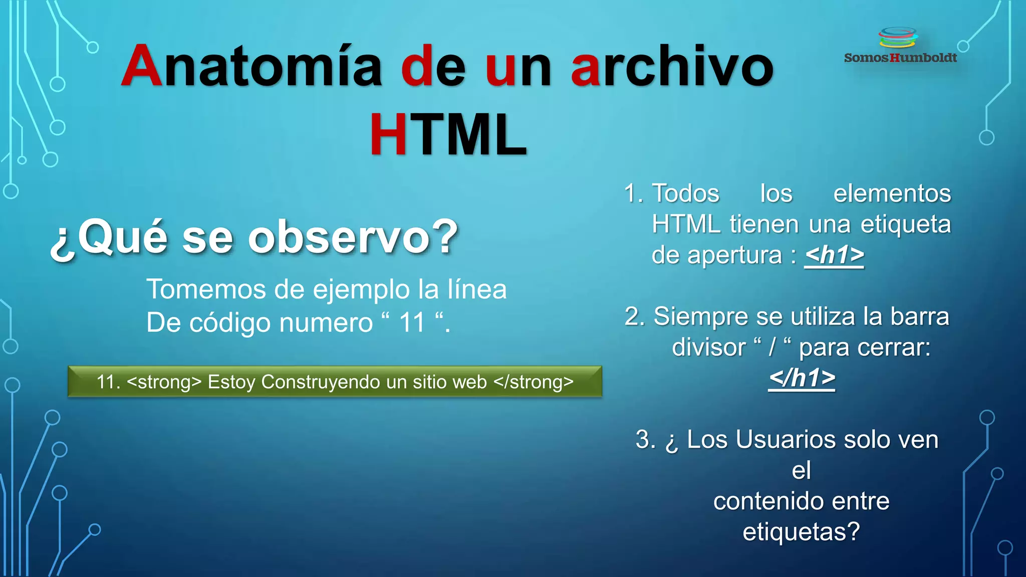 Anatomía de un archivo
HTML
¿Qué se observo?
Tomemos de ejemplo la línea
De código numero “ 11 “.
11. <strong> Estoy Construyendo un sitio web </strong>
1. Todos los elementos
HTML tienen una etiqueta
de apertura : <h1>
2. Siempre se utiliza la barra
divisor “ / “ para cerrar:
</h1>
3. ¿ Los Usuarios solo ven
el
contenido entre
etiquetas?
 