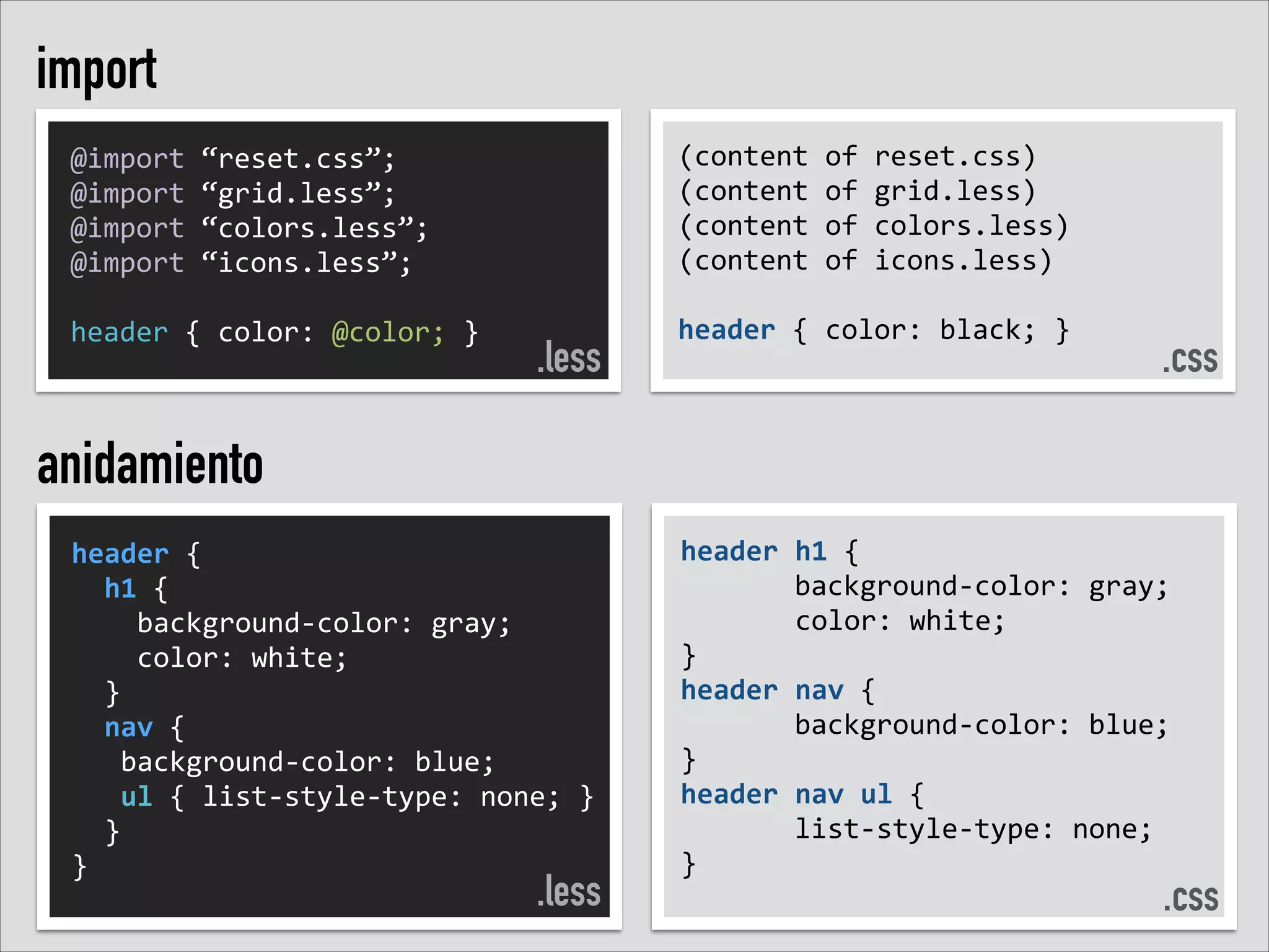 import
@import	
  “reset.css”;	
  
@import	
  “grid.less”;	
  
@import	
  “colors.less”;	
  
@import	
  “icons.less”;	
  
!
header	
  {	
  color:	
  @color;	
  }	
  

.less

(content	
  of	
  reset.css)	
  
(content	
  of	
  grid.less)	
  
(content	
  of	
  colors.less)	
  
(content	
  of	
  icons.less)	
  
!
header	
  {	
  color:	
  black;	
  }	
  
!

.css

anidamiento
header	
  {	
  	
  
	
  	
  h1	
  {	
  
	
  	
  	
  	
  background-­‐color:	
  gray;	
  
	
  	
  	
  	
  color:	
  white;	
  
	
  	
  }	
  
	
  	
  nav	
  {	
  
	
  	
  	
  background-­‐color:	
  blue;	
  
	
  	
  	
  ul	
  {	
  list-­‐style-­‐type:	
  none;	
  }	
  	
  
	
  	
  }	
  
}	
  

.less

header	
  h1	
  {	
  	
  
	
   	
   background-­‐color:	
  gray;	
  
	
  	
  	
  	
  	
  	
  	
  color:	
  white;	
  	
  
}	
  
header	
  nav	
  {	
  	
  
	
   	
   background-­‐color:	
  blue;	
  
}	
  
header	
  nav	
  ul	
  {	
  	
  
	
   	
   list-­‐style-­‐type:	
  none;	
  	
  
}	
  
!
.css
!

 