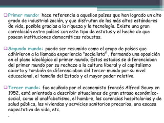 Otros términosCentro:incluye a los países que exportan productos industriales y tecnología de alto valor, realizan inversiones más allá de sus fronteras mediante la instalación de filiales de sus multinacionales, e imponen su dominio a través del control de precios de sus productos. (Estados Unidos, Europa occidental y Japón )Semiperisiferia: En estos países coexisten rasgos de atraso y modernidad, lo que genera fuertes desequilibrios internos. (los nuevos países industriales asiáticos, los del Cono Sur de Iberoamérica, los de Europa del este, la región costera de China, ciertas regiones de la India y parte de las repúblicas) Periferia: Se identifica con aquellos países especializados en la producción y exportación de materias primas .Son países que se basan fundamentalmente en la explotación de una mano de obra barata, pero que necesitan importar capital y tecnología, (África, Asia meridional y buena parte de Centroamérica y América del Sur)