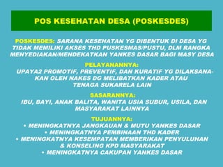 POS KESEHATAN DESA (POSKESDES) 
POSKESDES: SARANA KESEHATAN YG DIBENTUK DI DESA YG 
TIDAK MEMILIKI AKSES THD PUSKESMAS/PUSTU, DLM RANGKA 
MENYEDIAKAN/MENDEKATKAN YANKES DASAR BAGI MASY DESA 
PELAYANANNYA: 
UPAYA2 PROMOTIF, PREVENTIF, DAN KURATIF YG DILAKSANA-KAN 
OLEH NAKES DG MELIBATKAN KADER ATAU 
TENAGA SUKARELA LAIN 
SASARANNYA: 
IBU, BAYI, ANAK BALITA, WANITA USIA SUBUR, USILA, DAN 
MASYARAKAT LAINNYA 
TUJUANNYA: 
• MENINGKATNYA JANGKAUAN & MUTU YANKES DASAR 
• MENINGKATNYA PEMBINAAN THD KADER 
• MENINGKATNYA KESEMPATAN MEMBERIKAN PENYULUHAN 
& KONSELING KPD MASYARAKAT 
• MENINGKATNYA CAKUPAN YANKES DASAR 
 