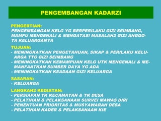 PENGEMBANGAN KADARZI 
PENGERTIAN: 
PENGEMBANGAN KELG YG BERPERILAKU GIZI SEIMBANG, 
MAMPU MENGENALI & MENGATASI MASALAH2 GIZI ANGGO-TA 
KELUARGANYA 
TUJUAN: 
- MENINGKATKAN PENGETAHUAN, SIKAP & PERILAKU KELU-ARGA 
TTG GIZI SEIMBANG 
- MENINGKATKAN KEMAMPUAN KELG UTK MENGENALI & ME-MANFAATKAN 
SUMBER DAYA YG ADA 
- MENINGKATKAN KEADAAN GIZI KELUARGA 
SASARAN: 
- KELUARGA 
LANGKAH2 KEGIATAN: 
- PERSIAPAN TK KECAMATAN & TK DESA 
- PELATIHAN & PELAKSANAAN SURVEI MAWAS DIRI 
- PENENTUAN PRIORITAS & MUSYAWARAH DESA 
- PELATIHAN KADER & PELAKSANAAN KIE 
 