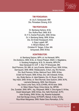 Pedoman Umum Pengembangan Desa dan
Kelurahan Siaga Aktif 43
SiagaAktif
Tim Pengarah:
dr. Lily S. Sulistyowati, MM
Drs. Persadaan Girsang, M.Si
Tim Penyusun:
Dr. Bambang Hartono, M.Sc
Dra. Ruflina Rauf, SKM, M.Si
Dr. P. A. Kodrat Pramudho, SKM, M.Kes
Dr. Ir. Bambang Setiaji, SKM, M.Kes
Dra. Sri Endah Kiswijayanti, M.Si
Ir. Eppy Lugiarti, MP
Ir. Minarni Marbun, MT
Christiani R. Tarigan, S.Sos, MA
Ismoyowati, SKM, M.Kes
Kontributor:
dr. Bambang Sarjono, MPH, dr. Ina Herawati, MPH,
Drs.Sulistiono, SKM, M.Sc, dr. Kirana Pritasari, MQIH, Ir. Magdalena,
Ir. Sondang Hutagalung, M.Si, Dr. Atmarita, MPH,PH,
Dewi Saraswati W, S.IP, Ir. Eka T.P Simanjutak, MM,
Budi Pramono, SH, MM, dr. Leny Evanita, Mahmud Fauzi, SKM, M.Kes,
Darmayanti, SKM, MKM, Widiakustanto, S.Kom, drg. Rini Noviani,
Drs. Budi Pramono, M.Kes, Mahmud Fauzi, SKM, M.Kes,
Endah Isti Purwanti, SKM, M.Kes, Dra. Utik Indrawati, M.Kes,
drg. Shally Barina, dr. Iqbal Djakaria, Drs. M. Royan, M.Kes,
Yety Intarti, SKM, M.Kes, dr. Weni Murniati, Dewi Sukorini, SKM, M.Pd,
Lasmaria Marpaung, SKM, Deni Mulyana,
drg. Grace Lovita Tewu, M.Sc.(CHHM), AR Ali Izkar, SKM,
dr. Niken Wastu Palupi, Entos Zainal, Sp, MPHM,
Dra. Zuraidah, SKM, MPH, drg. Widyawati, MKM, Ir. Dina Agoes S, M.Kes,
Dwiati Sekaringsih, SKM, M.Kes, Dra. Hafni Rochmah, M.PH,
Intan Endang, SKM, M.Kes, drg. Roswita Hudaybiah,
Andi Sari Bunga Untung, M.PH(HP), Marsuli, S.Sos, M.Kes,
Riza Afriani Margaresa, SKM, Raden Danu Ramadityo, S.Psi.
tim buku pedum
 