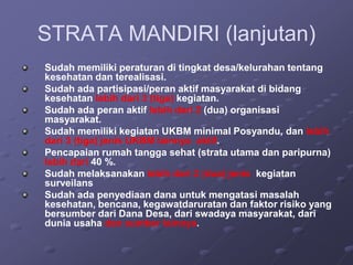 STRATA MANDIRI (lanjutan)
Sudah memiliki peraturan di tingkat desa/kelurahan tentang
kesehatan dan terealisasi.
Sudah ada partisipasi/peran aktif masyarakat di bidang
kesehatan lebih dari 3 (tiga) kegiatan.
Sudah ada peran aktif lebih dari 2 (dua) organisasi
masyarakat.
Sudah memiliki kegiatan UKBM minimal Posyandu, dan lebih
dari 3 (tiga) jenis UKBM lainnya aktif.
Pencapaian rumah tangga sehat (strata utama dan paripurna)
lebih dari 40 %.
Sudah melaksanakan lebih dari 2 (dua) jenis kegiatan
surveilans
Sudah ada penyediaan dana untuk mengatasi masalah
kesehatan, bencana, kegawatdaruratan dan faktor risiko yang
bersumber dari Dana Desa, dari swadaya masyarakat, dari
dunia usaha dan sumber lainnya.
 