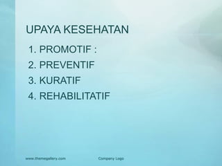 UPAYA KESEHATAN
1. PROMOTIF :
2. PREVENTIF
3. KURATIF
4. REHABILITATIF
www.themegallery.com Company Logo
 