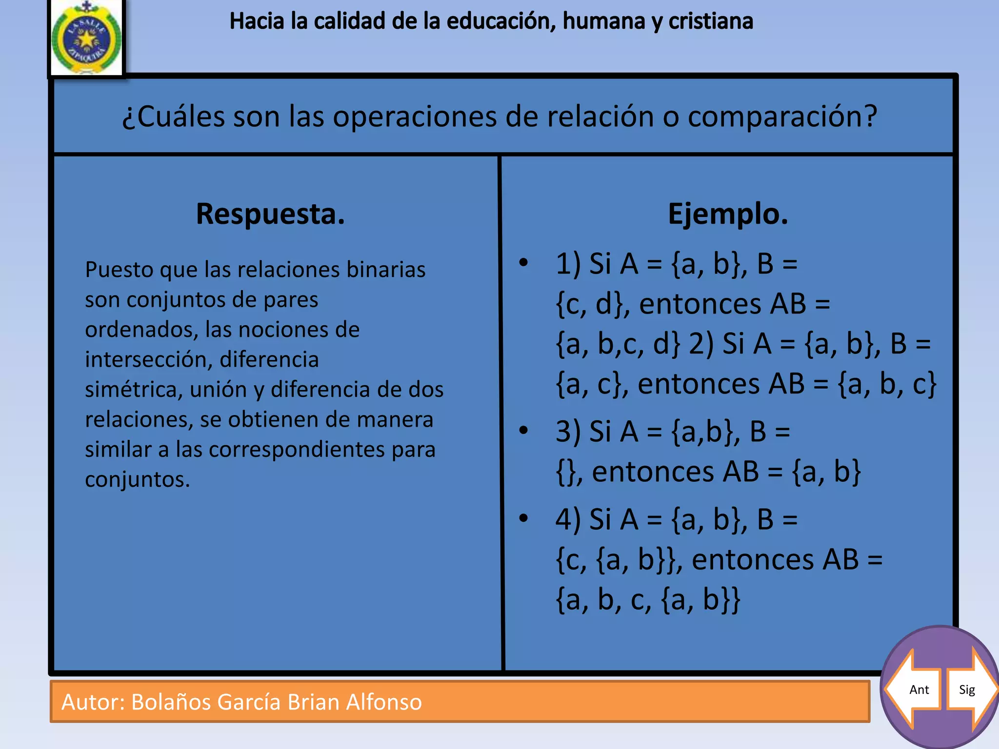 ¿Cuáles son las operaciones de relación o comparación?

             Respuesta.                               Ejemplo.
  Puesto que las relaciones binarias     • 1) Si A = {a, b}, B =
  son conjuntos de pares                   {c, d}, entonces AB =
  ordenados, las nociones de
  intersección, diferencia
                                           {a, b,c, d} 2) Si A = {a, b}, B =
  simétrica, unión y diferencia de dos     {a, c}, entonces AB = {a, b, c}
  relaciones, se obtienen de manera
  similar a las correspondientes para
                                         • 3) Si A = {a,b}, B =
  conjuntos.                               {}, entonces AB = {a, b}
                                         • 4) Si A = {a, b}, B =
                                           {c, {a, b}}, entonces AB =
                                           {a, b, c, {a, b}}

                                                                         Ant   Sig
Autor: Bolaños García Brian Alfonso
 