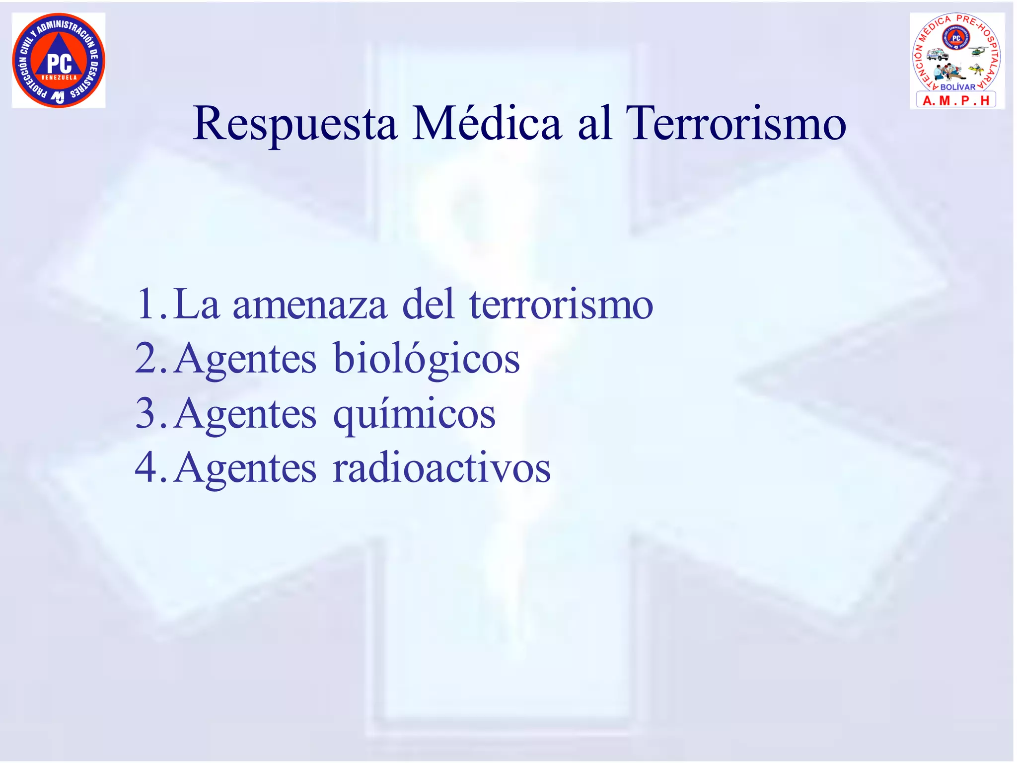 Respuesta Médica al Terrorismo
1.La amenaza del terrorismo
2.Agentes biológicos
3.Agentes químicos
4.Agentes radioactivos
 