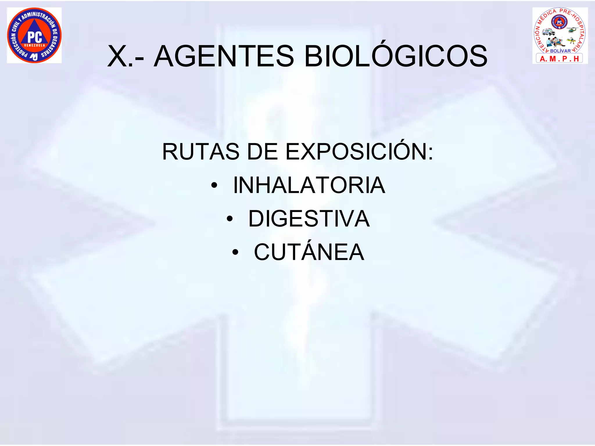 X.- AGENTES BIOLÓGICOS
RUTAS DE EXPOSICIÓN:
• INHALATORIA
• DIGESTIVA
• CUTÁNEA
 