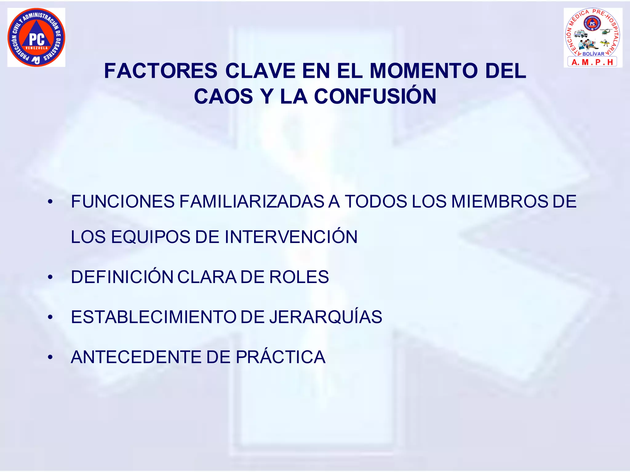 FACTORES CLAVE EN EL MOMENTO DEL
CAOS Y LA CONFUSIÓN
• FUNCIONES FAMILIARIZADAS A TODOS LOS MIEMBROS DE
LOS EQUIPOS DE INTERVENCIÓN
• DEFINICIÓN CLARA DE ROLES
• ESTABLECIMIENTO DE JERARQUÍAS
• ANTECEDENTE DE PRÁCTICA
 