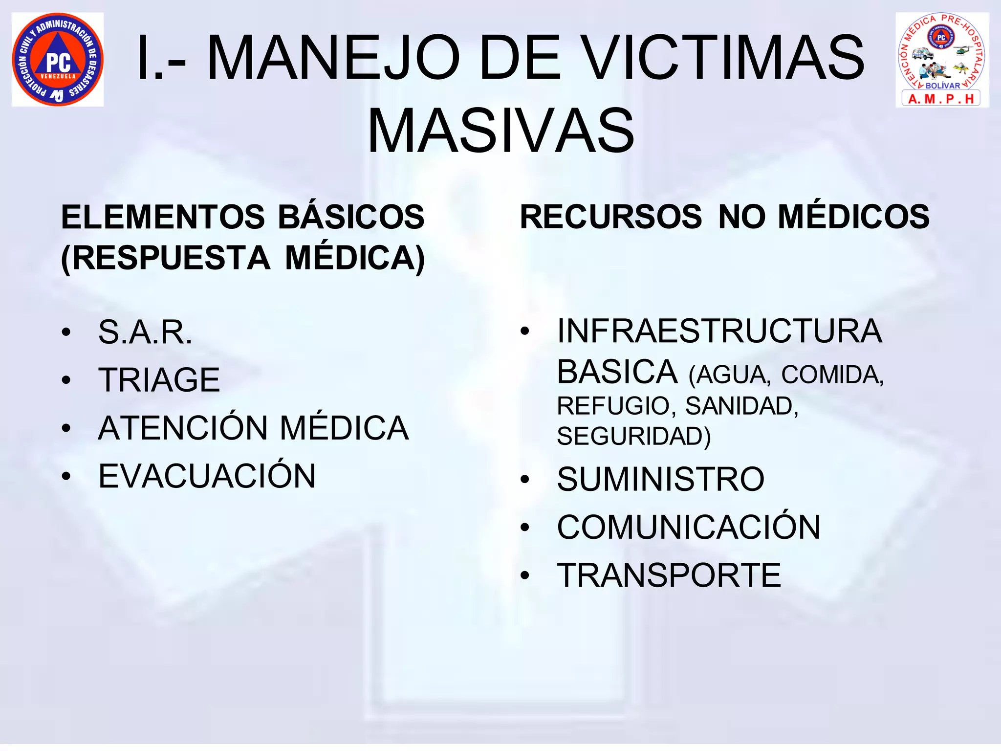 I.- MANEJO DE VICTIMAS
MASIVAS
ELEMENTOS BÁSICOS
(RESPUESTA MÉDICA)
• S.A.R.
• TRIAGE
• ATENCIÓN MÉDICA
• EVACUACIÓN
RECURSOS NO MÉDICOS
• INFRAESTRUCTURA
BASICA (AGUA, COMIDA,
REFUGIO, SANIDAD,
SEGURIDAD)
• SUMINISTRO
• COMUNICACIÓN
• TRANSPORTE
 