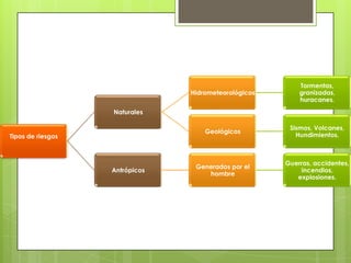 Tormentas,
                                Hidrometeorológicos       granizadas,
                                                          huracanes.
                   Naturales

                                                       Sismos, Volcanes,
                                    Geológicos
Tipos de riesgos                                         Hundimientos.



                                                      Guerras, accidentes,
                                 Generados por el
                   Antrópicos                             incendios,
                                    hombre
                                                         explosiones.
 