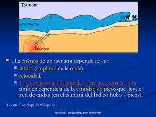 . La  energía  de un tsunami depende de su: altura  ( amplitud  de la  onda ), velocidad . La energía total descargada sobre una zona costera  también dependerá de la  cantidad de picos  que lleve el tren de ondas (en el tsunami del Índico hubo 7 picos).  Fuente: Enciclopedia Wikipedia 