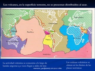 Los volcanes, en la superficie terrestre,   no se presentan distribuidos al azar.  La actividad volcánica se concentra a lo largo de bandas angostas q a veces llegan a miles de km) Las cadenas volcánicas se ubican en los límites de las placas tectónicas 