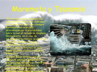 Maremoto y Tsunamis
Es frecuente que un tsunami que
viaja grandes distancias, disminuya
la altura de sus olas, pero siempre
mantendrá una velocidad
determinada por la profundidad
sobre la cual el tsunami se desplaza.
Normalmente, en el caso de
los tsunamis tectónicos, la altura de
la onda de tsunami en aguas
profundas es del orden de 1.0
metros, pero la longitud de onda
puede alcanzar algunos cientos de
kilómetros.
Esto es lo que permite que aun
cuando la altura en océano abierto
sea muy baja, esta altura crezca en
forma abrupta al disminuir la
profundidad, con lo cual, al
disminuir la velocidad de la parte

 