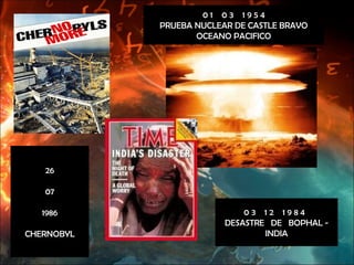 0 1  0 3  1 9 5 4 PRUEBA NUCLEAR DE CASTLE BRAVO OCEANO PACIFICO 26 07 1986 CHERNOBYL 0 3  1 2  1 9 8 4  DESASTRE  DE  BOP...