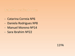-

Catarina Correia Nº6
Daniela Rodrigues Nº8
Manuel Moreno Nº14
Sara Ibrahim Nº22

11ºA

 