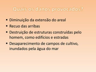  Diminuição da extensão do areal
 Recuo das arribas
 Destruição de estruturas construídas pelo
homem, como edifícios e estradas
 Desaparecimento de campos de cultivo,
inundados pela água do mar

 
