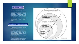 Risco é a probabilidade de ocorrer
consequências danosas ou perdas
esperadas (mortos, feridos,
edificações destruídas e
danificadas, etc.), como resultado
de interações entre um perigo
natural e as condições de
vulnerabilidade local (UNDP,
2004).
A etimologia de vulnerável vem do
latim vulnerabilis
que significa “que causa lesão” e
remete ao antepositivo vulner, o
qual indica “ferida” e é
semanticamente conexo com o
grego traûma, atos.
Logo, constata-se que o sentido
de vulnerabilidade t
em uma conotação negativa e está
relacionado sempre com perdas.
 