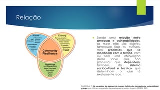 Relação
 Sendo uma relação entre
ameaças e vulnerabilidades,
os riscos não são objetos,
tampouco fixos ou estáveis,
mas processos que se
modificam com o tempo, com
ou sem uma intervenção
direta sobre eles. São
processos que dependem,
também, do sistema
sociocultural e técnico, que
determinam o que é
exatamente risco.
CARDONA, O. La necesidad de repensar de manera holística los conceptos de vulnerabilidad
y riesgo: una crítica y una revisión necesaria para la gestión. Bogotá: CEDERI, 2001.
 
