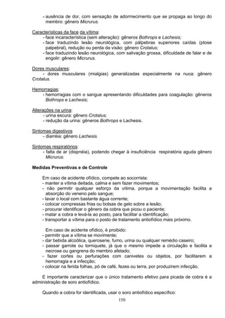 - ausência de dor, com sensação de adormecimento que se propaga ao longo do
membro: gênero Micrurus.
Características da face da vítima:
- face incaracterística (sem alteração): gêneros Bothrops e Lachesis;
- face traduzindo lesão neurológica, com pálpebras superiores caídas (ptose
palpebral), redução ou perda da visão: gênero Crotalus;
- face traduzindo lesão neurológica, com salivação grossa, dificuldade de falar e de
engolir: gênero Micrurus.
Dores musculares:
- dores musculares (mialgias) generalizadas especialmente na nuca: gênero
Crotalus.
Hemorragias:
- hemorragias com o sangue apresentando dificuldades para coagulação: gêneros
Bothrops e Lachesis;
Alterações na urina:
- urina escura: gênero Crotalus;
- redução da urina: gêneros Bothrops e Lachesis.
Sintomas digestivos
- diarréia: gênero Lachesis.
Sintomas respiratórios:
- falta de ar (dispnéia), podendo chegar à insuficiência respiratória aguda gênero
Micrurus.
Medidas Preventivas e de Controle
Em caso de acidente ofídico, compete ao socorrista:
- manter a vítima deitada, calma e sem fazer movimentos;
- não permitir qualquer esforço da vítima, porque a movimentação facilita a
absorção do veneno pelo sangue;
- lavar o local com bastante água corrente;
- colocar compressas frias ou bolsas de gelo sobre a lesão;
- procurar identificar o gênero da cobra que picou o paciente;
- matar a cobra e levá-la ao posto, para facilitar a identificação;
- transportar a vítima para o posto de tratamento antiofídico mais próximo.
Em caso de acidente ofídico, é proibido:
- permitir que a vítima se movimente;
- dar bebida alcoólica, querosene, fumo, urina ou qualquer remédio caseiro;
- passar garrote ou torniquete, já que o mesmo impede a circulação e facilita a
necrose ou gangrena do membro afetado;
- fazer cortes ou perfurações com canivetes ou objetos, por facilitarem a
hemorragia e a infecção;
- colocar na ferida folhas, pó de café, fezes ou terra, por produzirem infecção.
E importante caracterizar que o único tratamento efetivo para picada de cobra é a
administração de soro antiofídico.
Quando a cobra for identificada, usar o soro antiofídico específico:
150
 
