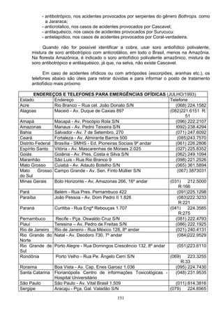 - antibotrópico, nos acidentes provocados por serpentes do gênero Bothrops. como
a Jararaca;
- anticrotalico, nos casos de acidentes provocados por Cascavel;
- antilaquésico, nos casos de acidentes provocados por Surucucu:
- antielapídico, nos casos de acidentes provocados por Coral-verdadeira.
Quando não for possível identificar a cobra, usar soro antiofídico polivalente,
mistura de soro antibotrópico com anticrotálico, em todo o Brasil, menos na Amazônia.
Na floresta Amazônica, é indicado o soro antiofídico polivalente amazônico, mistura de
soro antibotrópico e antilaquésico, já que, na selva, não existe Cascavel.
Em caso de acidentes ofídicos ou com artrópodes (escorpiões, aranhas etc.), os
telefones abaixo são úteis para retirar dúvidas e para informar o posto de tratamento
antiofídico mais próximo
ENDEREÇOS E TELEFONES PARA EMERGÊNClAS OFÍDICAS (JULHO/1993)
Estado Endereço Telefone
Acre Rio Branco – Rua cel. João Donato S/N (068) 224.1582
Alagoas Maceió - Av. Duque de Caxias 897 (082)221.6151 R:
51
Amapá Macapá - Av. Procópio Rola S/N (096) 222.2107
Amazonas Manaus - Av. Pedro Teixeira S/N t092) 238.4294
Bahia Salvador - Av. 7 de Setembro, 270 (071) 247.6092
Ceará Fortaleza - Av. Almirante Barros 500 (085)243.7570
Distrito Federal Brasília - SMHS - Ed. Pioneiras Sociais 9º andar (061) 226.2806
Espírito Santo Vitória - Av. Mascarenhas de Moraes 2.025 (027) 225.8352
Goiás Goiânia - Av. Pres. Costa e Silva S/N (062) 249.1094
Maranhão São Luis - Rua Rio Branco 9 (098) 221.2526
Mato Grosso Cuiabá - Av. Adauto Botelho S/N (065) 361.5894
Mato Grosso
do Sul
Campo Grande - Av. Sen. Finto Múllier S/N (067) 3873031
Minas Gerais Bolo Horizonte - Av. Amazonas 266, 16º andar (031) 212.5000
R:166
Pará Belém - Rua Pres. Pernambuco 422 (091)225.1298
Paraíba João Pessoa - Av. Dom Pedro II 1.826 (083)222.3233
R:221
Paraná Curitiba - Rua Engª Rebouças 1.707 (041) 224.3585
R:275
Pernambuco Recife - Pça. Oswaldo Cruz S/N (081) 222.4793
Piauí Teresina – Av. Pedro de Freitas S/N (086) 222.1925
Rio de Janeiro Rio de Janeiro - Rua México 128, 8º andar (021) 240.4131
Rio Grande do
Norte
Natal - Av. Deodoro 730, 7º andar (084)222.9529
Rio Grande de
Sul
Porto Alegre - Rua Domingos Crescêncio 132, 8º andar (051)223.6110
Rondônia Porto Velho - Rua Pe. Ângelo Cerri S/N (069) 223.3255
R:33
Roraima Boa Vista - Av. Cap. Enes Garcez 1.036 (095) 224.7430
Santa Catarina Florianópolis Centro de informações Toxicológicas -
Hospital Universitário
(048) 231.9535
São Paulo São Paulo - Av. Vital Brasil 1.509 (011) 814.3816
Sergipe Aracaju - Pça. Gal. Valadão S/N (079) 224.8565
151
 