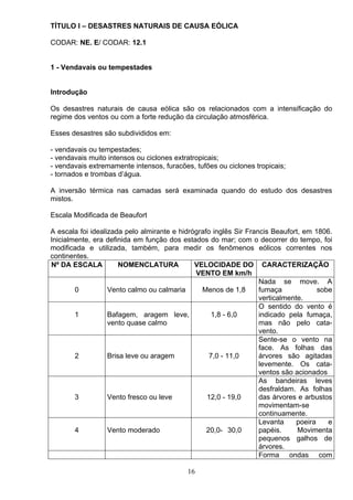 TÍTULO I – DESASTRES NATURAIS DE CAUSA EÓLICA
CODAR: NE. E/ CODAR: 12.1
1 - Vendavais ou tempestades
Introdução
Os desastres naturais de causa eólica são os relacionados com a intensificação do
regime dos ventos ou com a forte redução da circulação atmosférica.
Esses desastres são subdivididos em:
- vendavais ou tempestades;
- vendavais muito intensos ou ciclones extratropicais;
- vendavais extremamente intensos, furacões, tufões ou ciclones tropicais;
- tornados e trombas d’água.
A inversão térmica nas camadas será examinada quando do estudo dos desastres
mistos.
Escala Modificada de Beaufort
A escala foi idealizada pelo almirante e hidrógrafo inglês Sir Francis Beaufort, em 1806.
Inicialmente, era definida em função dos estados do mar; com o decorrer do tempo, foi
modificada e utilizada, também, para medir os fenômenos eólicos correntes nos
continentes.
Nº DA ESCALA NOMENCLATURA VELOCIDADE DO
VENTO EM km/h
CARACTERIZAÇÃO
0 Vento calmo ou calmaria Menos de 1,8
Nada se move. A
fumaça sobe
verticalmente.
1 Bafagem, aragem leve,
vento quase calmo
1,8 - 6,0
O sentido do vento é
indicado pela fumaça,
mas não pelo cata-
vento.
2 Brisa leve ou aragem 7,0 - 11,0
Sente-se o vento na
face. As folhas das
árvores são agitadas
levemente. Os cata-
ventos são acionados
3 Vento fresco ou leve 12,0 - 19,0
As bandeiras leves
desfraldam. As folhas
das árvores e arbustos
movimentam-se
continuamente.
4 Vento moderado 20,0- 30,0
Levanta poeira e
papéis. Movimenta
pequenos galhos de
árvores.
Forma ondas com
16
 