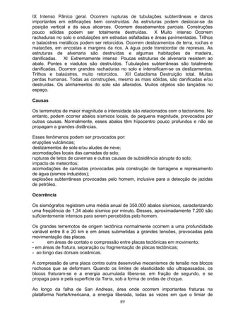 IX Intenso Pânico geral. Ocorrem rupturas de tubulações subterrâneas e danos
importantes em edificações bem construídas. As estruturas podem deslocar-se da
posição vertical e da seus alicerces. Ocorrem desabamentos parciais. Construções
pouco sólidas podem ser totalmente destruídas. X Muito intenso Ocorrem
rachaduras no solo e ondulações em estradas asfaltadas e áreas pavimentadas. Trilhos
e balaústres metálicos podem ser retorcidos. Ocorrem deslizamentos de terra, rochas e
matacões, em encostas e margens da rios. A água pode transbordar de represas. As
estruturas de alvenaria são destruídas e algumas habitações de madeira,
danificadas. Xl Extremamente intenso Poucas estruturas de alvenaria resistem ao
abalo. Pontes e viadutos são destruídos. Tubulações subterrâneas são totalmente
danificadas. Ocorrem grandes rachaduras no solo e intensificam-se os deslizamentos.
Trilhos e balaústres, muito retorcidos. XII Cataclisma Destruição total. Muitas
perdas humanas. Todas as construções, mesmo as mais sólidas, são danificadas e/ou
destruídas. Os alinhamentos do solo são alterados. Muitos objetos são lançados no
espaço.
Causas
Os terremotos de maior magnitude e intensidade são relacionados com o tectonismo. No
entanto, podem ocorrer abalos sísmicos locais, de pequena magnitude, provocados por
outras causas. Normalmente, esses abalos têm hípocentro pouco profundos e não se
propagam a grandes distâncias.
Esses fenômenos podem ser provocados por:
erupções vulcânicas;
deslizamentos de solo e/ou aludes de neve;
acomodações locais das camadas do solo;
rupturas de tetos de cavernas e outras causas de subsidência abrupta do solo;
impacto de meteoritos;
acomodações de camadas provocadas pela construção de barragens e represamento
de água (sismos induzidos);
explosões subterrâneas provocadas pelo homem, inclusive para a detecção de jazidas
de petróleo.
Ocorrência
Os sismógrafos registram uma média anual de 350.000 abalos sísmicos, caracterizando
uma freqüência de 1,34 abalo sísmico por minuto. Desses, aproximadamente 7.200 são
suficientemente intensos para serem percebidos pelo homem.
Os grandes terremotos de origem tectônica normalmente ocorrem a uma profundidade
variável entre 8 e 20 km e em áreas submetidas a grandes tensões, provocadas pela
movimentação das placas.
- em áreas de contato e compressão entre placas tectônicas em movimento;
- em áreas de fratura, separação ou fragmentação de placas tectônicas;
- ao longo das dorsais oceânicas.
A compressão de uma placa contra outra desenvolve mecanismos de tensão nos blocos
rochosos que se deformam. Quando os limites de elasticidade são ultrapassados, os
blocos fraturam-se e a energia acumulada libera-se, em fração de segundo, e se
propaga para e pela superfície da Terra, sob a forma de ondas de choque.
Ao longo da falha de San Andreas, área onde ocorrem importantes fraturas na
plataforma NorteAmericana, a energia liberada, todas as vezes em que o limiar de
89
 