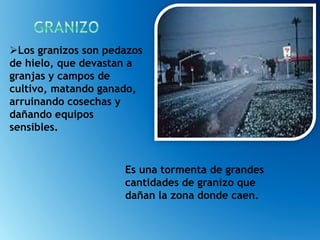 Es una tormenta de grandes
cantidades de granizo que
dañan la zona donde caen.
Los granizos son pedazos
de hielo, que devastan a
granjas y campos de
cultivo, matando ganado,
arruinando cosechas y
dañando equipos
sensibles.
 