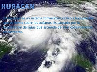 HURACANUn huracán es un sistema tormentoso cíclico a baja presión que se forma sobre los océanos. Es causado por la evaporación del agua que asciende del mar convirtiéndose en tormenta. 