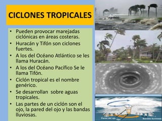 CICLONES TROPICALES
• Pueden provocar marejadas
  ciclónicas en áreas costeras.
• Huracán y Tifón son ciclones
  fuertes.
• A los del Océano Atlántico se les
  llama Huracán.
• A los del Océano Pacífico Se le
  llama Tifón.
• Ciclón tropical es el nombre
  genérico.
• Se desarrollan sobre aguas
  tropicales.
• Las partes de un ciclón son el
  ojo, la pared del ojo y las bandas
  lluviosas.
 