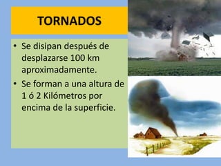 TORNADOS
• Se disipan después de
  desplazarse 100 km
  aproximadamente.
• Se forman a una altura de
  1 ó 2 Kilómetros por
  encima de la superficie.
 