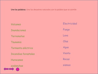 Une las palabras: Une los desastres naturales con la palabra que se asimile

Volcanes

Electricidad

Inundaciones

Fuego

Terremotos

Lava

Tsunamis

Olas

Tormenta eléctrica

Agua

Incendios forestales

Viento

Huracanes

Rocas

avalanchas

sismos

 