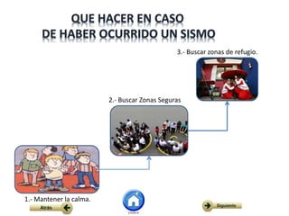 1.- Mantener la calma.
2.- Buscar Zonas Seguras
3.- Buscar zonas de refugio.
 
