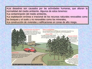 Los desastres son causados por las actividades humanas, que alteran la normalidad del medio ambiente. Algunos de estos tenemos: