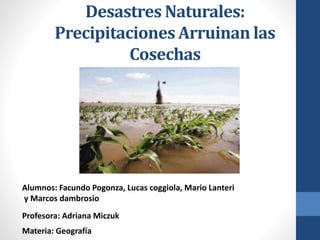 Desastres Naturales:
Precipitaciones Arruinan las
Cosechas
Profesora: Adriana Miczuk
Alumnos: Facundo Pogonza, Lucas coggiola, Mario Lanteri
y Marcos dambrosio
Materia: Geografía
 