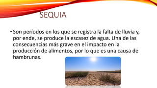 SEQUIA
•Son períodos en los que se registra la falta de lluvia y,
por ende, se produce la escasez de agua. Una de las
consecuencias más grave en el impacto en la
producción de alimentos, por lo que es una causa de
hambrunas.
 