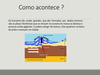 Como acontece ? 
Os tsunamis são ondas grandes que são formados por abalos sísmicos 
são as placas Tectônicas que se chocam no oceano.As massa se desloca e 
provoca ondas gigantes. E podem atingir 50 metros .Elas quebram na beira 
da praia e avançam na cidade. 
 