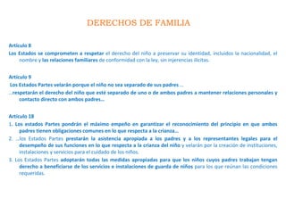 DERECHOS DE FAMILIA
Artículo 8
Los Estados se comprometen a respetar el derecho del niño a preservar su identidad, incluidos la nacionalidad, el
nombre y las relaciones familiares de conformidad con la ley, sin injerencias ilícitas.
Artículo 9
Los Estados Partes velarán porque el niño no sea separado de sus padres …
…respetarán el derecho del niño que esté separado de uno o de ambos padres a mantener relaciones personales y
contacto directo con ambos padres…
Artículo 18
1. Los estados Partes pondrán el máximo empeño en garantizar el reconocimiento del principio en que ambos
padres tienen obligaciones comunes en lo que respecta a la crianza…
2. …los Estados Partes prestarán la asistencia apropiada a los padres y a los representantes legales para el
desempeño de sus funciones en lo que respecta a la crianza del niño y velarán por la creación de instituciones,
instalaciones y servicios para el cuidado de los niños.
3. Los Estados Partes adoptarán todas las medidas apropiadas para que los niños cuyos padres trabajan tengan
derecho a beneficiarse de los servicios e instalaciones de guarda de niños para los que reúnan las condiciones
requeridas.
 