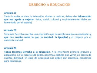 DERECHO A EDUCACION
Artículo 17
Tanto la radio, el cine, la televisión, diarios y revistas, deben dar información
que nos ayude a mejorar, física, social, cultural y espiritualmente (debe ser
fomentado por el estado).
Artículo 29
Tenemos Derecho a recibir una educación que desarrolle nuestras capacidades y
que nos enseñe sobre la paz, la amistad, la igualdad y el respeto por el
ambiente natural.
Artículo 28
Todos tenemos Derecho a la educación. A la enseñanza primaria gratuita y
obligatoria. En la escuela NO deben ponernos castigos que vayan en contra de
nuestra dignidad. En caso de necesidad nos deben dar asistencia económica
para educarnos.
 
