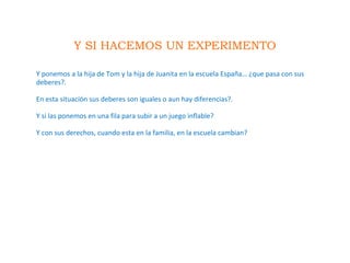 Y SI HACEMOS UN EXPERIMENTO
Y ponemos a la hija de Tom y la hija de Juanita en la escuela España… ¿que pasa con sus
deberes?.
En esta situación sus deberes son iguales o aun hay diferencias?.
Y si las ponemos en una fila para subir a un juego inflable?
Y con sus derechos, cuando esta en la familia, en la escuela cambian?
 