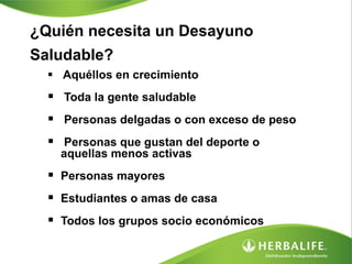 ¿Quién necesita un Desayuno
Saludable?
§  	
  Aquéllos en crecimiento
§  Toda la gente saludable
§  Personas delgadas o con exceso de peso
§  Personas que gustan del deporte o
aquellas menos activas
§  Personas mayores
§  Estudiantes o amas de casa
§  Todos los grupos socio económicos
 