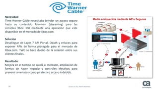 16 © 2015 CA. ALL RIGHTS RESERVED.
Media enriquecida mediante APIs Seguros
Necesidad
Time Warner Cable necesitaba brindar un acceso seguro
hacia su contenido Premium (streaming) para las
consolas Xbox 360 mediante una aplicación que este
disponible en el mercado de Xbox.com
Solucion
Despliegue de Layer 7 API Portal, Oauth y enlaces para
exponer APIs de forma protegida para el mercado de
Xbox.com. TWC se hace dueño de la relación entre sus
clientes finales.
Resultado
Mejora en el tiempo de salida al mercado, ampliación de
formas de hacer negocio y controles efectivos para
prevenir amenazas como piratería o acceso indebido.
 