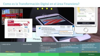 17 © 2015 CA. ALL RIGHTS RESERVED.
Como es la Transformación Digital en el área Financiera?
• BANCA RETAIL • BANCA ONLINE • LOCALIZACIÓN & SERVICIOS
APIs
• CUENTAS DE APIs
• ALERTAS/MONITOREO APIs
• PAGOS POR MOVILES APIs
• DEPOSITOS DIRECTOS APIs
• INVERSIONES APIs
• P2P PAGOS POR MOVILES APIs
• LOYALTY PARTNER APIs
• PRESTAMOS P2P APIs
• ADMINISTRACIÓN DE USO
APIs
Offline / In-Person Web Móviles Omnicanales Nuevos Mercados/ Open Data
Baja Madurez Alta Madurez
 