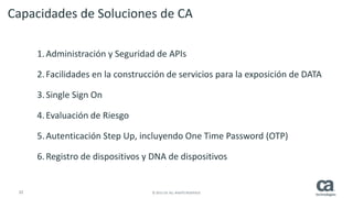 32 © 2015 CA. ALL RIGHTS RESERVED.
Capacidades de Soluciones de CA
1.Administración y Seguridad de APIs
2.Facilidades en la construcción de servicios para la exposición de DATA
3.Single Sign On
4.Evaluación de Riesgo
5.Autenticación Step Up, incluyendo One Time Password (OTP)
6.Registro de dispositivos y DNA de dispositivos
 