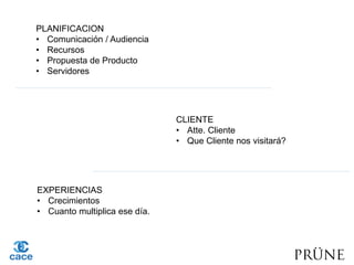 PLANIFICACION
• Comunicación / Audiencia
• Recursos
• Propuesta de Producto
• Servidores
CLIENTE
• Atte. Cliente
• Que Cliente nos visitará?
EXPERIENCIAS
• Crecimientos
• Cuanto multiplica ese día.