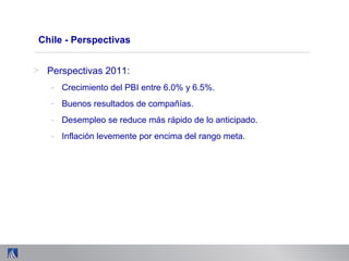 Chile - Perspectivas
> Perspectivas 2011:
- Crecimiento del PBI entre 6.0% y 6.5%.
- Buenos resultados de compañías.
- Desempleo se reduce más rápido de lo anticipado.
- Inflación levemente por encima del rango meta.
 